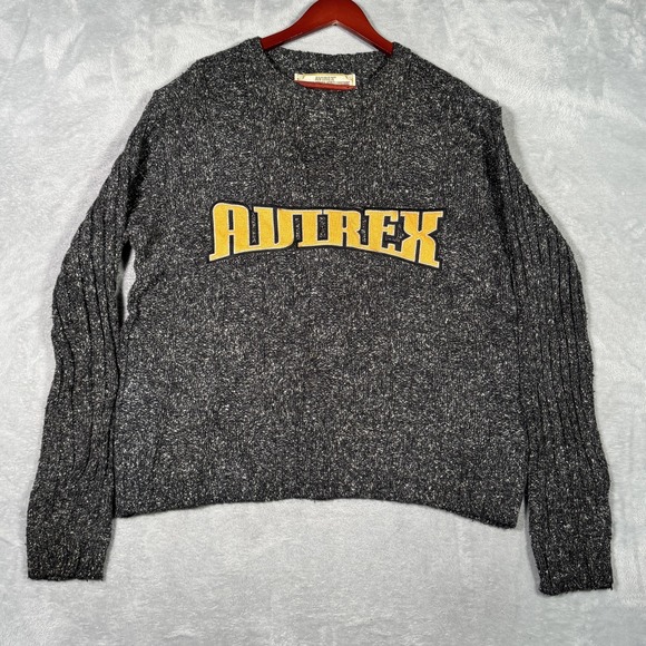 Vintage Avirex Sweater Mens Large Gray Marled Cable Knit Varsity Spell Out 90s - Picture 2 of 10